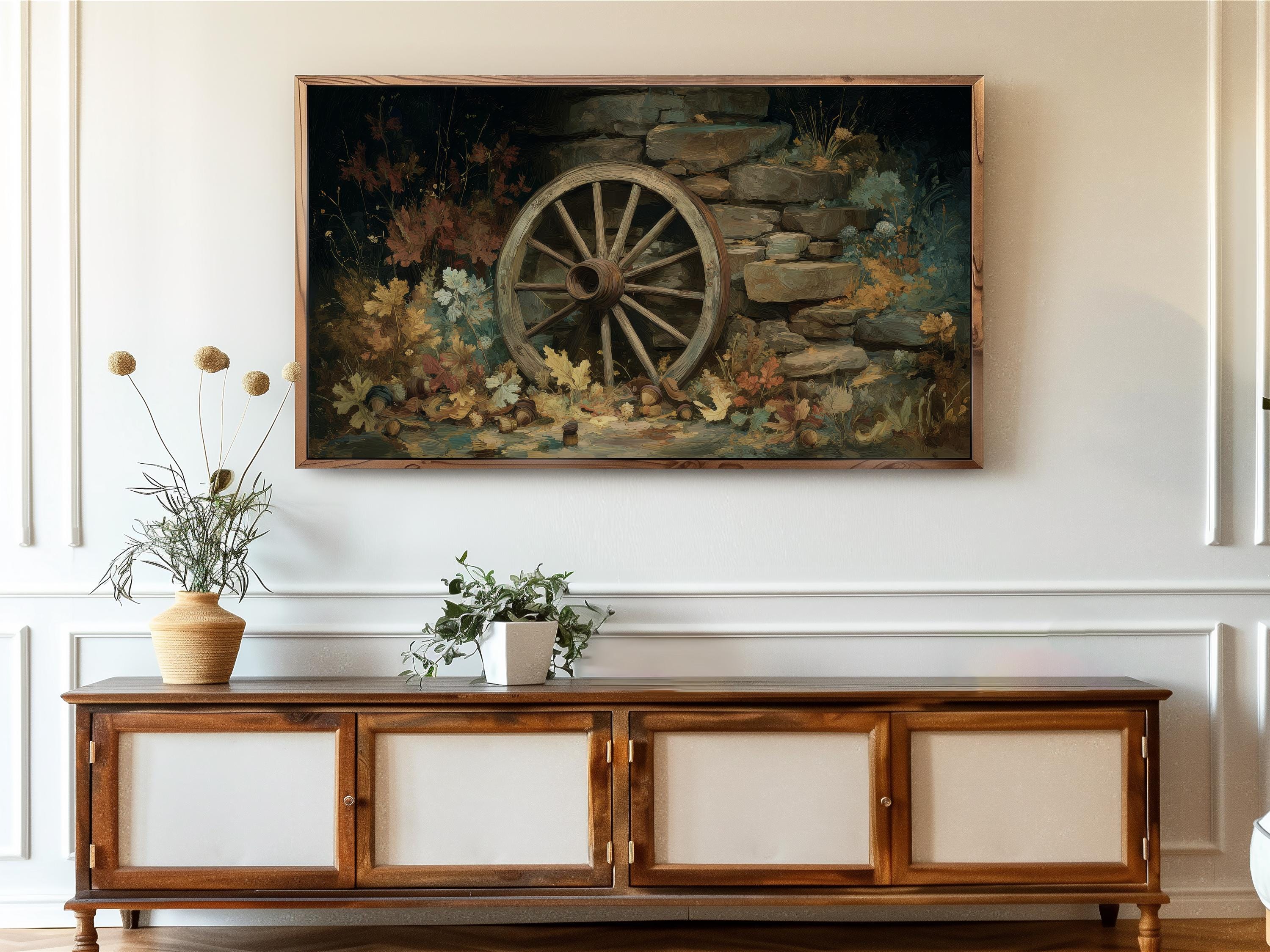 Rustic Antique Wagon Wheel Frame TV Art, Vintage Farmhouse Decor