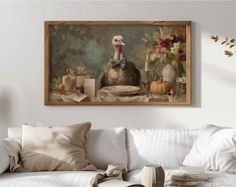 Rustic Thanksgiving Turkey Frame TV Art, Whimsical Holiday Decor, Autumn Table Scene, Samsung Frame TV Art, Festive Digital Download 79