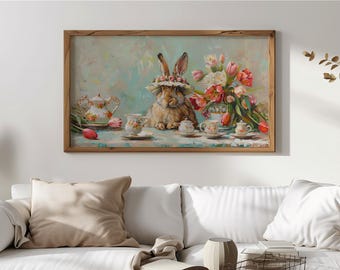 Cottagecore Rabbit Frame TV Art, Vintage Floral Bonnet Tea Party Art, Cute Spring Decor, Digital Download for Kids Room, Nursery 864