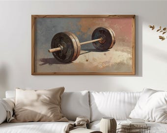 Rustic Gym Barbell Art for TV, Vintage Fitness Frame TV Art, Workout Decor, Weightlifting Wall Art, Industrial Style Digital Download 508