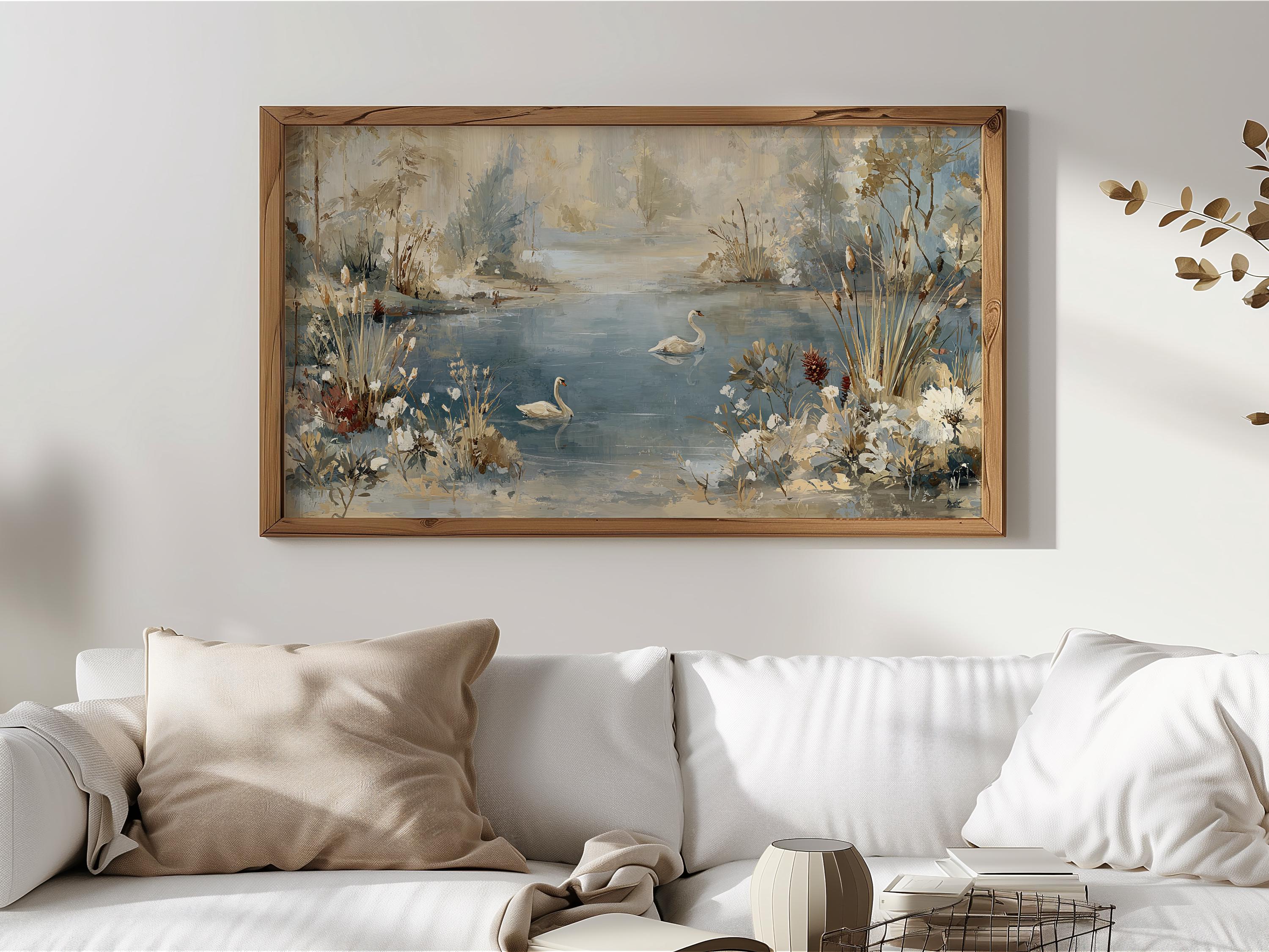 Rustic Winter Landscape TV Art, Frozen Pond Scene Frame TV Art