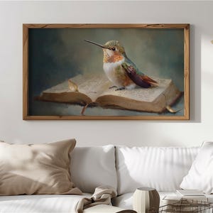 Vintage Hummingbird Art Frame TV Art, Bird on Open Bible Page