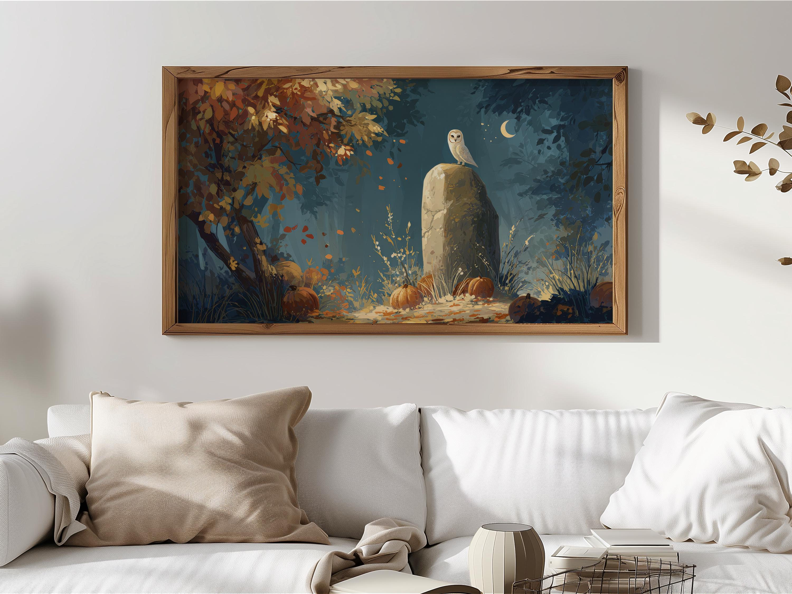 Rustic Autumn Forest Night Frame TV Art, Owl and Moon Art for TV, Serene Woodland Decor, Mystical Fa