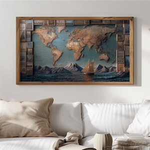 Può includere: Una mappa del mondo in legno incorniciata con un rilievo 3D. La mappa presenta continenti in tonalità marroni e beige su sfondo blu. Una barca a vela naviga sull'acqua. La cornice ha una serie di piccole immagini quadrate.