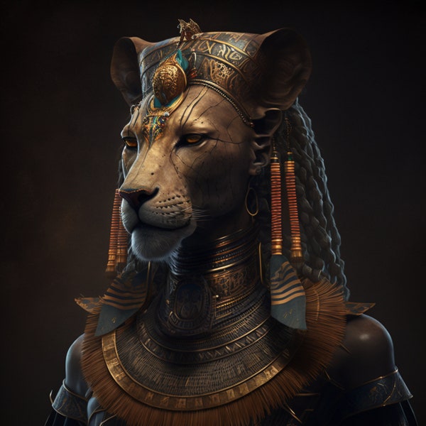 Sekhmet's Might Portrait (Digital Download ) - Egyptian Goddess Art - Egyptian Mythology