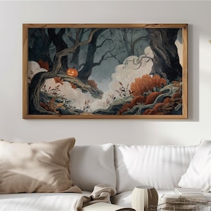 Foggy Forest Pumpkin Frame TV Art, Digital Painting for Samsung Frame TV, Moody Woodland, Autumn Wall Decor, Rustic Magic Landscape Art 45