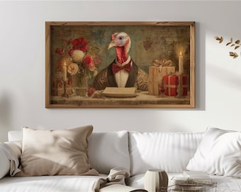 Thanksgiving Turkey Frame TV Art, Vintage Portrait Style Turkey Dinner Art, Rustic Fall Decor, Cozy Digital Download, Unique Wall Decor 853