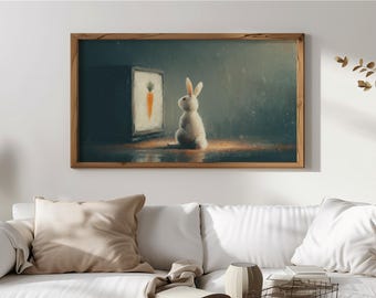 Whimsical Bunny Watching TV Art, Rustic Nursery Frame TV Art, Playful Animal Decor for Kids Room, Digital Download Rabbit Frame Art 514