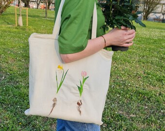 Hållbar tygväska, Shopperväska i bomull Broderad vårblomma, Botanisk present