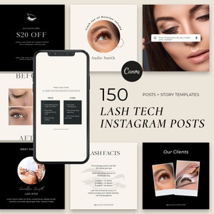 Black and White Lash Tech Instagram Posts, Lash Extension Posts, Lash Tech Branding Kit, Lash Insta Highlights,Lash Quotes,  Lash Flyers,