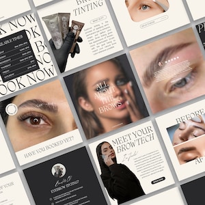 Puede incluir: Un conjunto de plantillas de historias de Instagram para un negocio de tinte de cejas. Las plantillas presentan imágenes de cejas antes y después del tinte, así como información sobre los servicios ofrecidos y el propietario del negocio. El texto en las plantillas incluye "Reservar ahora", "¿Ya has reservado?", "Conoce a tu técnico de cejas", "Todo sobre las cejas", "Tinte de cejas", "Precio", y "Antes y después".