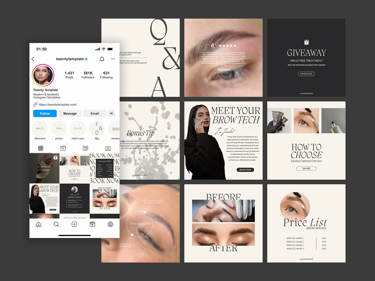 Instagram Templates for Brow Artists,beige Brow Tech Post Templates ...