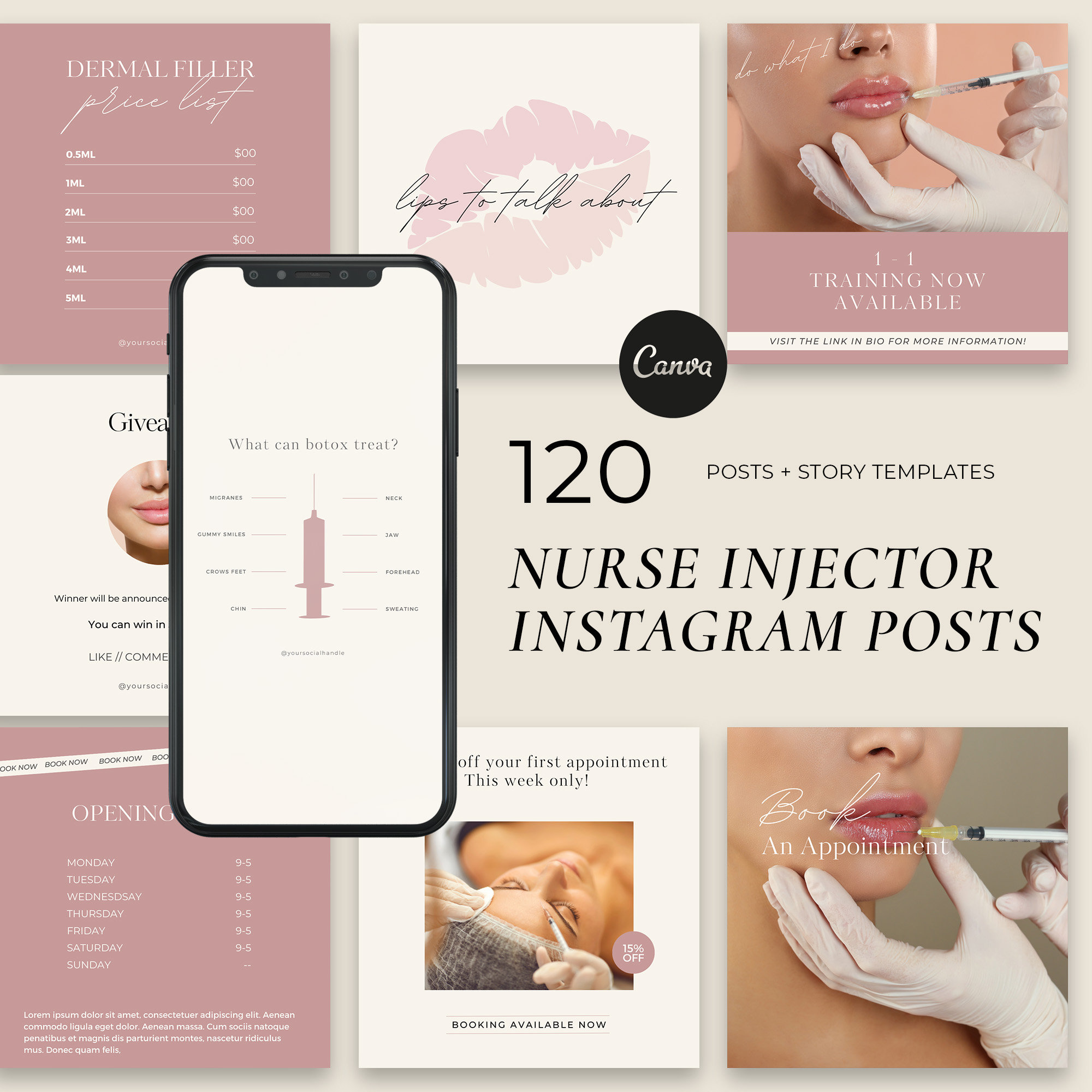 Roze verpleegster Injector Instagram-sjablonen, Botox en Filler Instagram-sjablonen, verpleegster Injector Instagram, schoonheidssjablonen, Medspa-sjablonen