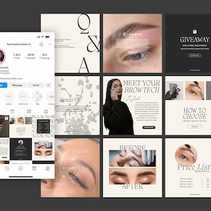 May include: A social media layout for a beauty brand's Instagram profile, showcasing posts about brow services. The posts include before and after photos, price lists, and promotional offers. The profile's name is "twentytemplate."