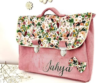 Satchel in pink corduroy and cotton garden party
