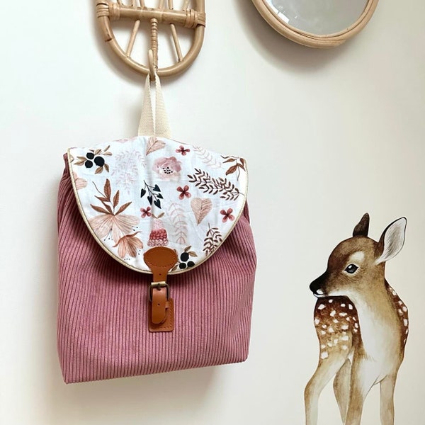 Backpack in pink corduroy and camel and pink floral cotton