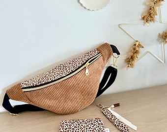 Camel corduroy and leopard print cotton fanny pack.
