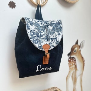 sac à dos personnalisable velours bleu marine et coton jungle marine