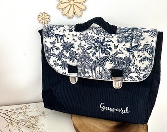 Satchel in navy corduroy and navy jungle cotton