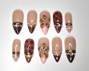 Handgemachte Press-On Nägel | Wiederverwendbare Fake Nails | Maßanfertigung | Nageldesign nach Wunsch | Brown Bangles