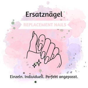 Könnte beinhalten: Ein Bild mit dem Text "Ersatznägel REPLACEMENT NAILS" über einer Strichzeichnung einer Hand mit langen ovalen Nägeln. Der Hintergrund ist eine Aquarellwaschung aus Rosa, Lila und Grün.