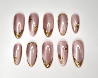 Handgemachte Press-On Nägel | Wiederverwendbare Fake Nails | Maßanfertigung | Nageldesign nach Wunsch | Cat Eye Gold
