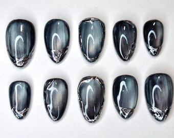 Handgemachte Press-On Nägel | Wiederverwendbare Fake Nails | Maßanfertigung | Nageldesign nach Wunsch | Blue Cat Eye