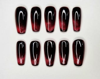 Ongles à coller faits main | Faux ongles réutilisables | Sur mesure | Créations d'ongles personnalisées | Œil de chat rubis