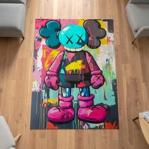 Kaws Inspired Graffiti Rug, Colorful Street Art Rug, Pop Art Modern Floor Mat, Hypebeast Urban Decor, Unique Urban Rug, Pop Art Graffiti Rug