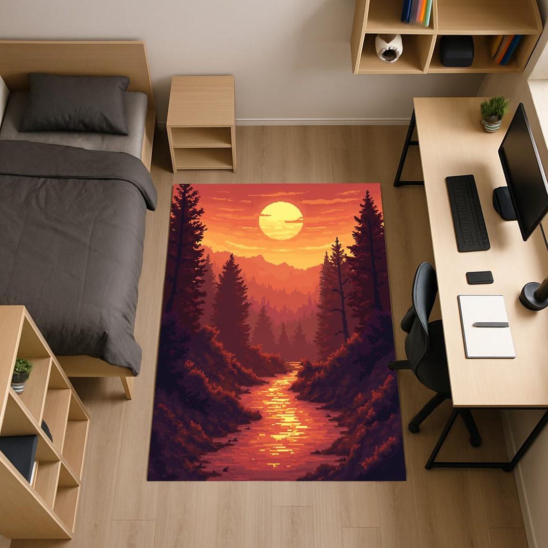 8 Bit Rug Pixel Art Sunset Rug, 8-bit Forest River, Retro Gamer Decor - Etsy