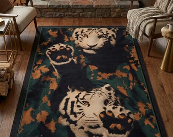 White Tigers Area Rug, Artistic Wildlife Realism Rug for Living Room, Wildlife Enthusiasts Decor Gift