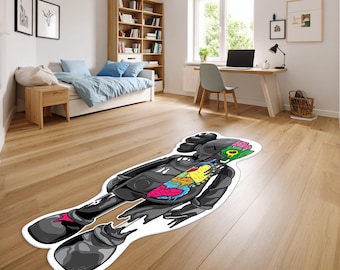 Tapete de arte pop dissecado, tapete de chão com personagem anatômico, decoração urbana streetwear, tapete hypebeast sneakerhead, arte em vinil para setup gamer.