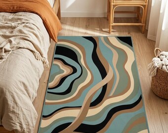 Dywan z zakrzywionymi organicznymi liniami, dywan retro w stylu mid-century modern do nowoczesnego salonu, prezent dla miłośników wystroju wnętrz