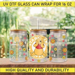 16oz UV Dtf Winnie the Pooh, Ready to Apply Cup Wrap, Stickers UV Dtf, 16oz Glass Can Wrap, No Heat Needed, High Quality Prints, Decals