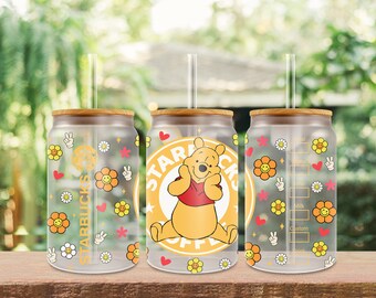 16oz UV Dtf Winnie the Pooh, Ready to Apply Cup Wrap, Stickers UV Dtf, 16oz Glass Can Wrap, No Heat Needed, High Quality Prints, Decals