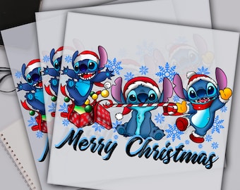 May include: DTF transfers featuring the character Stitch in Santa hats, holding candy canes and gifts, with snowflakes and the text "Merry Christmas". The transfers are ready to press.