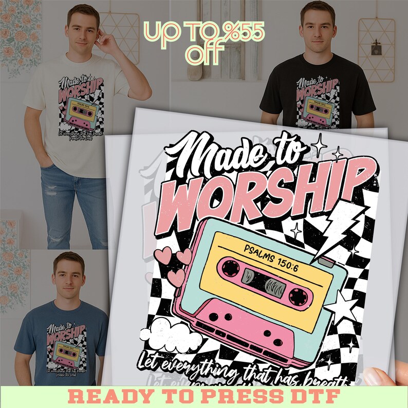 The image is a collage featuring a man wearing a t-shirt with a graphic design of a cassette tape and the text "Made to Worship" along with a price tag of up to $8.55.