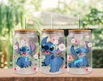 16oz UV Dtf Disney Stitch, Ready to Apply Cup Wrap, Stickers UV Dtf, 16oz Glass Can Wrap, No Heat Needed, High Quality Prints, Decals