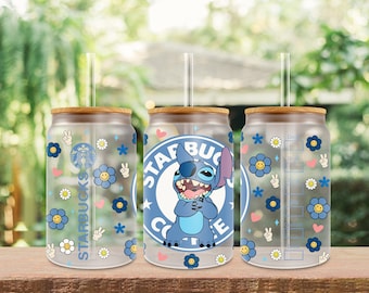 16oz UV Dtf Disney Stitch, Ready to Apply Cup Wrap, Stickers UV Dtf, 16oz Glass Can Wrap, No Heat Needed, High Quality Prints, Decals