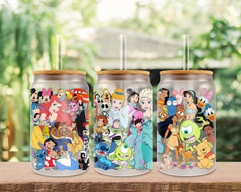 16oz UV Dtf Disney Characters, Ready to Apply Cup Wrap, Stickers UV Dtf, 16oz Glass Can Wrap, No Heat Needed, High Quality Prints, Decals