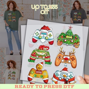 May include: The image showcases a variety of Christmas-themed controller designs, including Santa, a Christmas tree, and a snowman. The text "up to 55% off" and "READY TO PRESS DTF" are also visible. The designs are suitable for apparel.