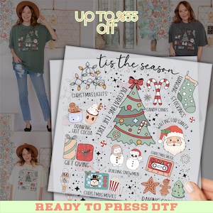The image is a promotional poster for a Christmas-themed merchandise collection, featuring various items such as a Christmas tree, candy canes, hot cocoa, gift giving, and other holiday-related items. The poster includes a hand holding the merchandise and a price offer, along with a collage of images of people wearing Christmas-themed clothing.
