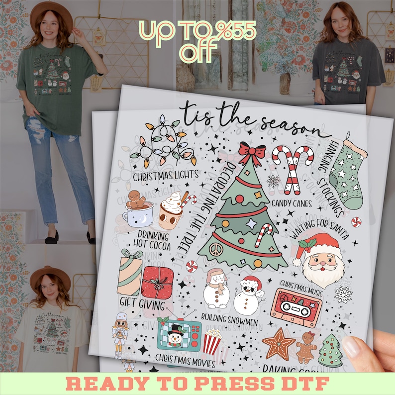 The image is a promotional poster for a Christmas-themed merchandise collection, featuring various items such as a Christmas tree, candy canes, hot cocoa, gift giving, and other holiday-related items. The poster includes a hand holding the merchandise and a price offer, along with a collage of images of people wearing Christmas-themed clothing.