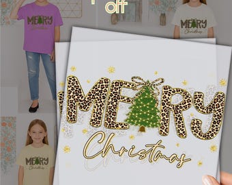 Transferencia DTF de Feliz Navidad: Diseño de árbol de Navidad con purpurina dorada
