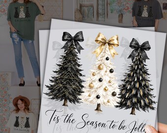 Black White Christmas Trees DTF, Christmas Bow Ready to Press, Coquette Heat Press