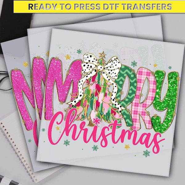 Merry Christmas Dtf Transfer, Merry Christmas Glitter Tree Dtf Prints, Ready For Press,Custom Dtf Transfers,Full Color Heat Transfer