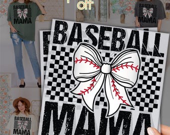 Baseball Mama DTF Transfer: Checkered Baseball Sports Bow Shirt DTF For Mothers