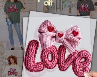 Love Pink Bow Faux Yarn DTF Transfer: Valentines Day Heat Press