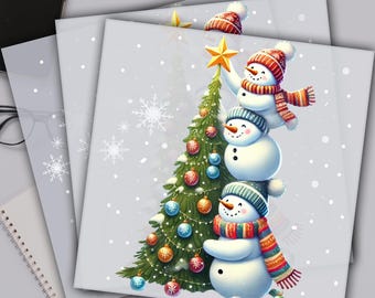 May include: DTF transfers featuring a whimsical snowman design. The image shows a stack of three snowmen wearing hats and scarves, with a decorated Christmas tree. The text "READY TO PRESS DTF TRANSFERS" is at the top.