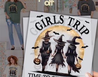 Girls Trip DTF Transfer, Time To Get Wicked, Spooky Halloween Witch Squad Shirt Print, Full Moon Bat Scene, Ready to Press Heat Transfer